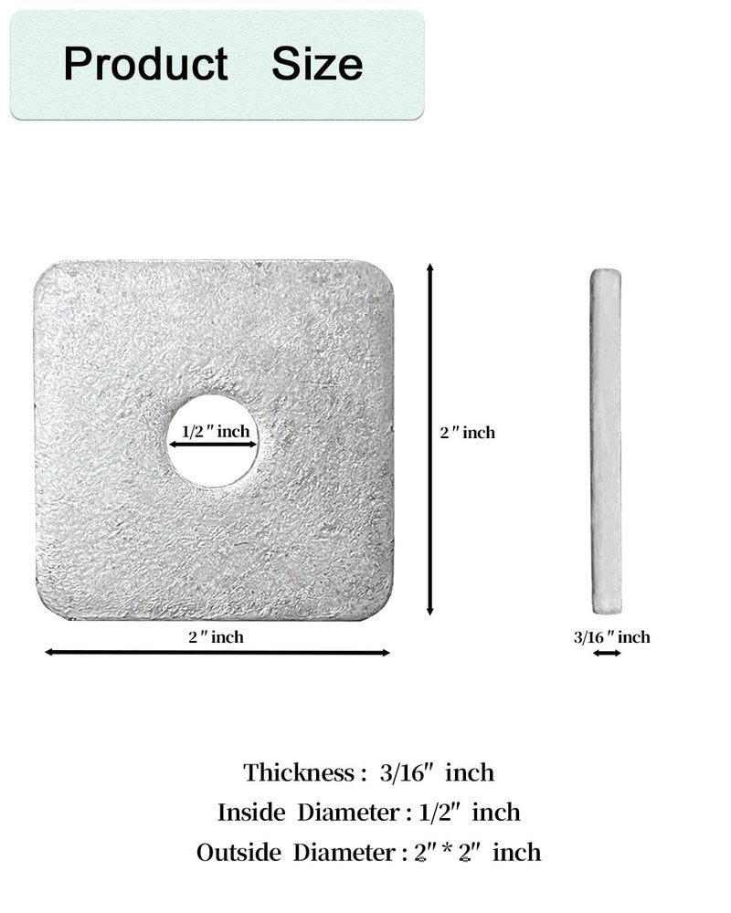 Axomize 1/2" Hot Dipped Galvanized Square Washer(20-Box) Flat Pad Spacer for Square Nut Fastener Hardware(1/2"X2"X2"X0.18) - Image 2